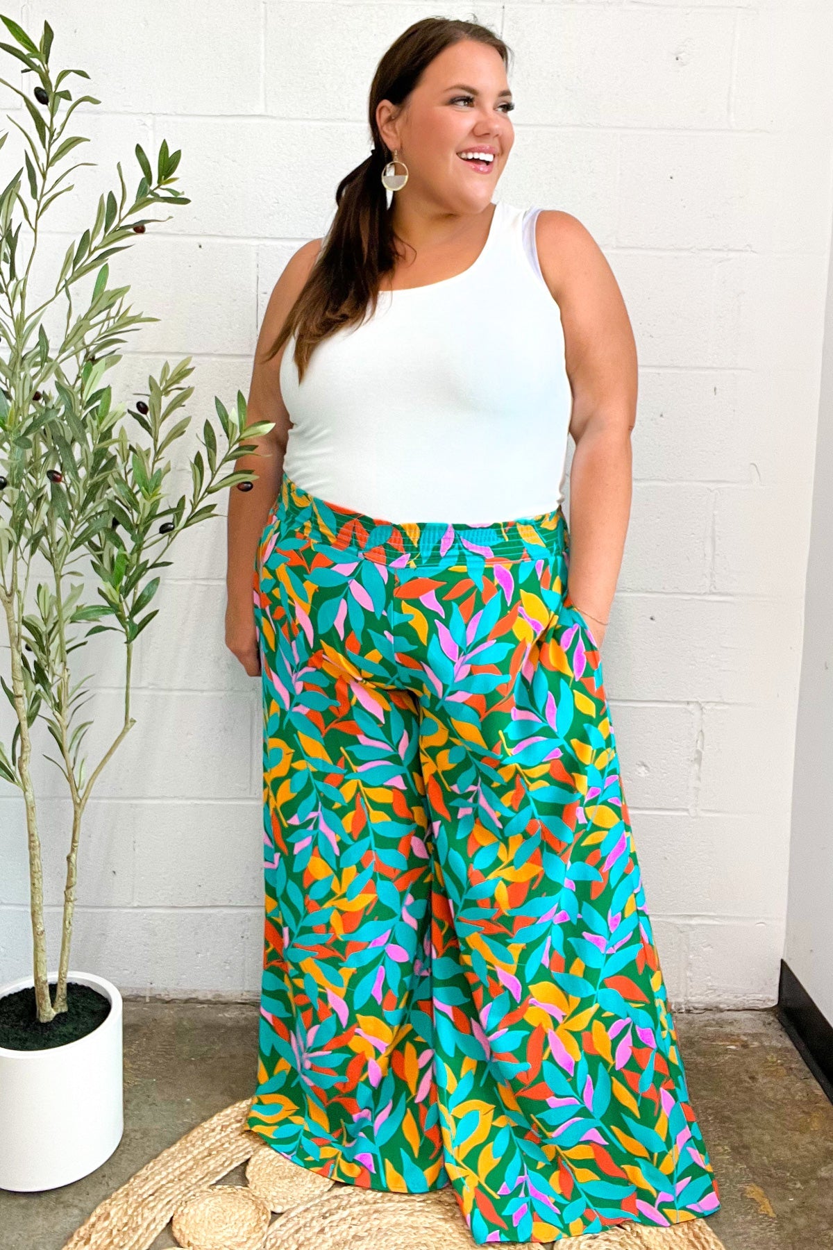 Haptics Green & Orange Abstract Print Smocked Palazzo Pants