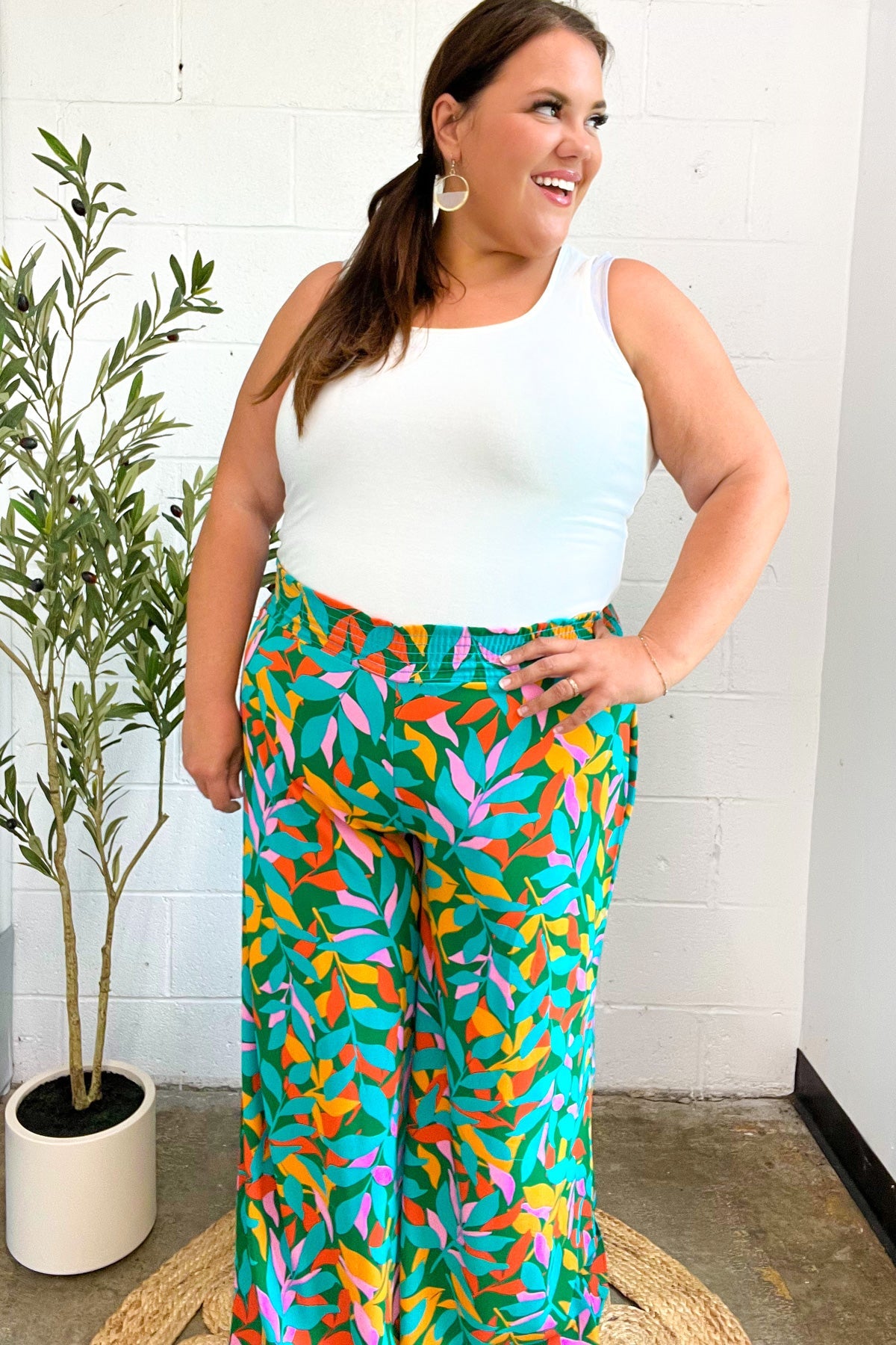 Haptics Green & Orange Abstract Print Smocked Palazzo Pants