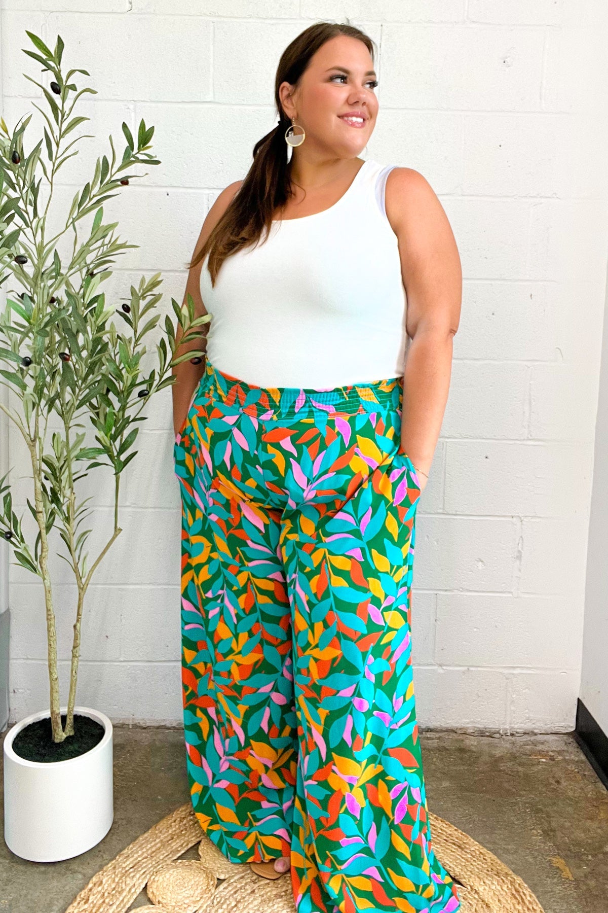 Haptics Green & Orange Abstract Print Smocked Palazzo Pants