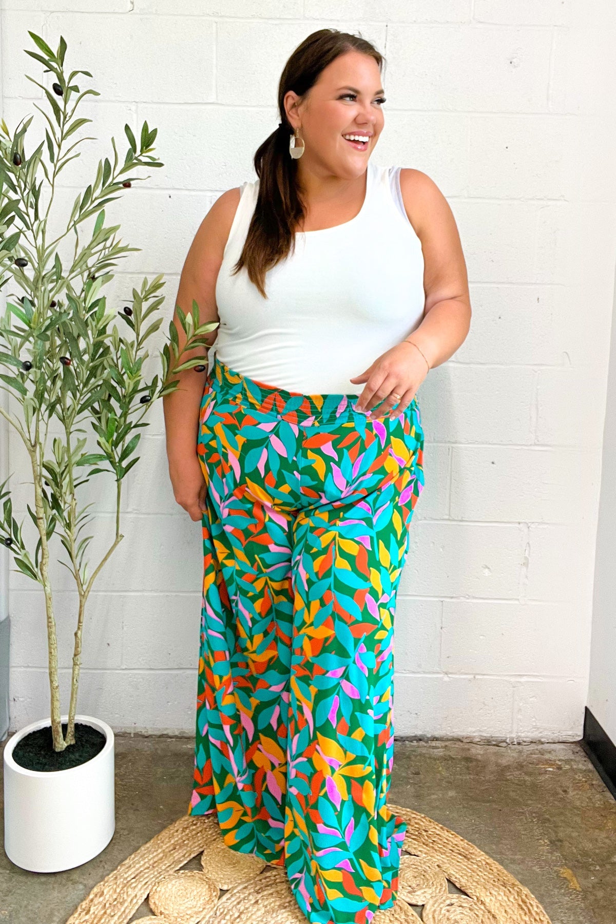 Haptics Green & Orange Abstract Print Smocked Palazzo Pants