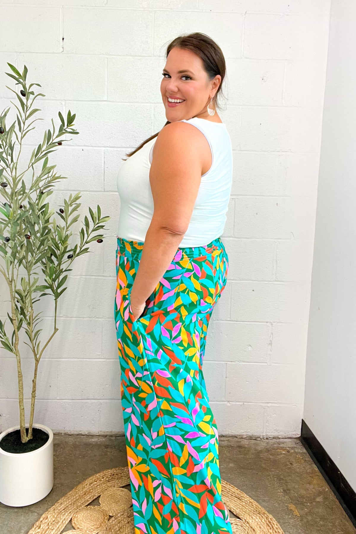 Haptics Green & Orange Abstract Print Smocked Palazzo Pants