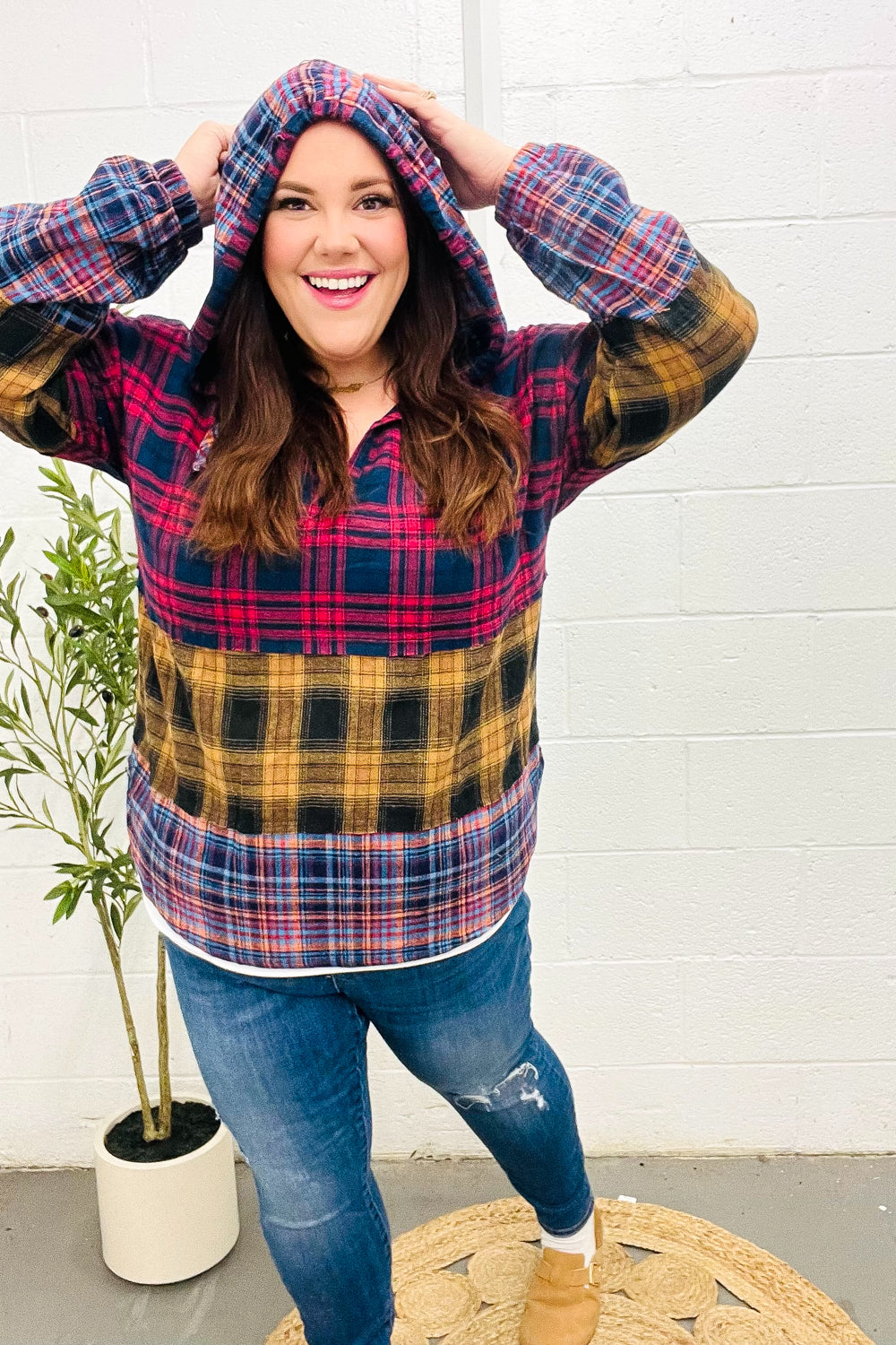 Haptics Red & Mustard Plaid Notched Neck Flannel Hoodie