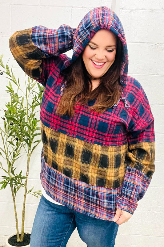 Haptics Red & Mustard Plaid Notched Neck Flannel Hoodie