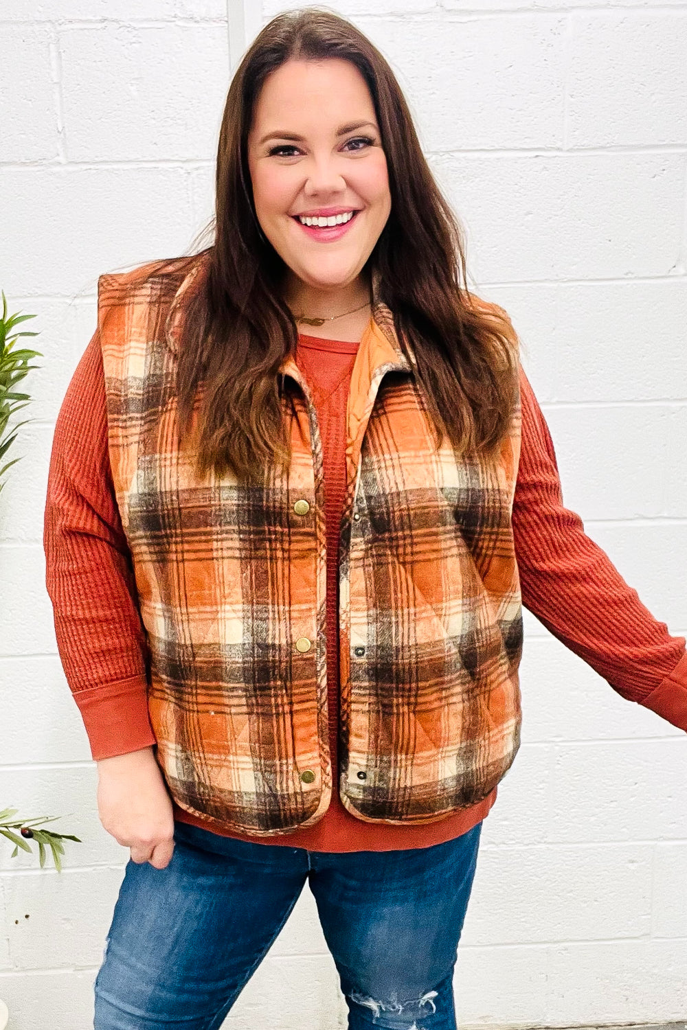 Haptics Rust Taupe Plaid Snap Button Quilted Puffer Vest