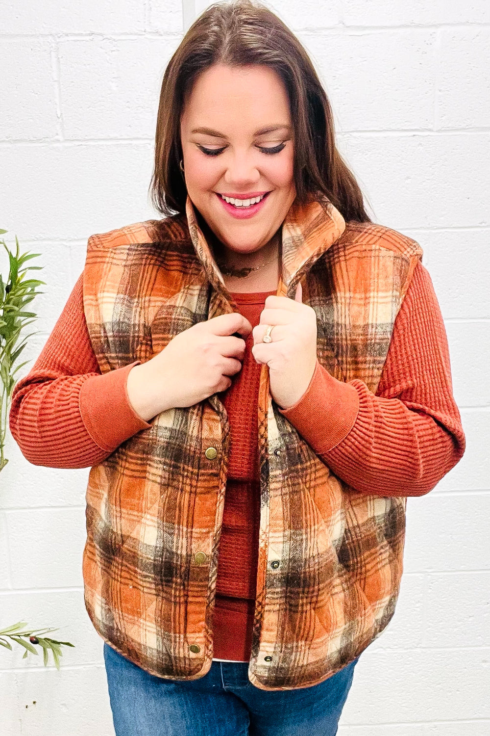 Haptics Rust Taupe Plaid Snap Button Quilted Puffer Vest