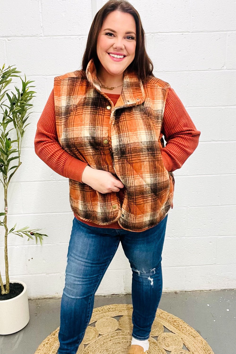 Haptics Rust Taupe Plaid Snap Button Quilted Puffer Vest