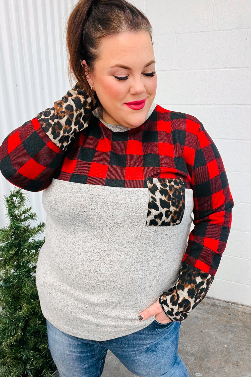 Haptics Grey & Red Plaid Animal Print Pocketed Top