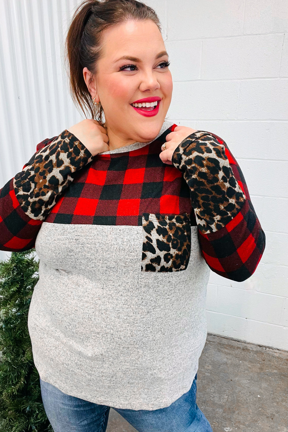 Haptics Grey & Red Plaid Animal Print Pocketed Top