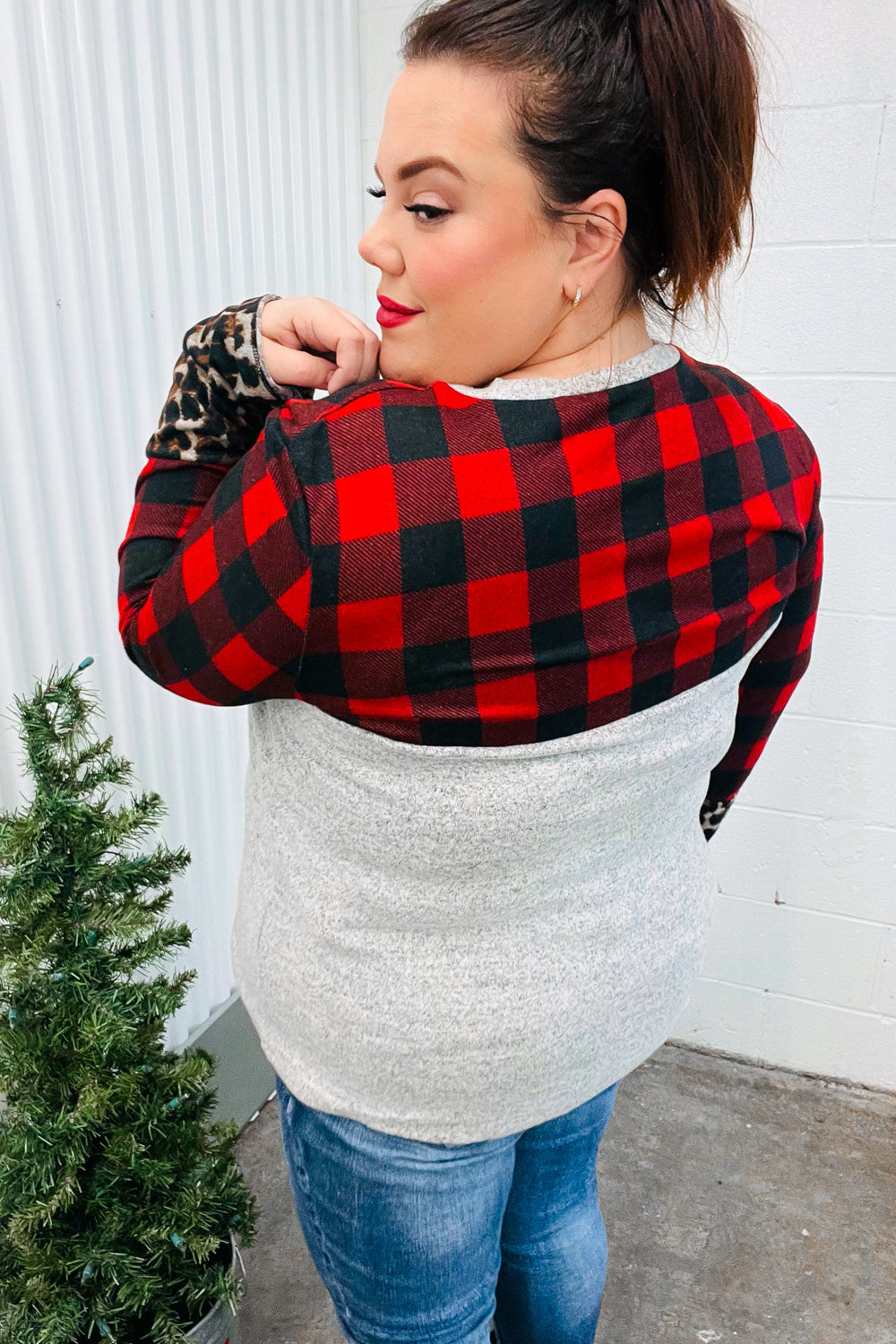 Haptics Grey & Red Plaid Animal Print Pocketed Top