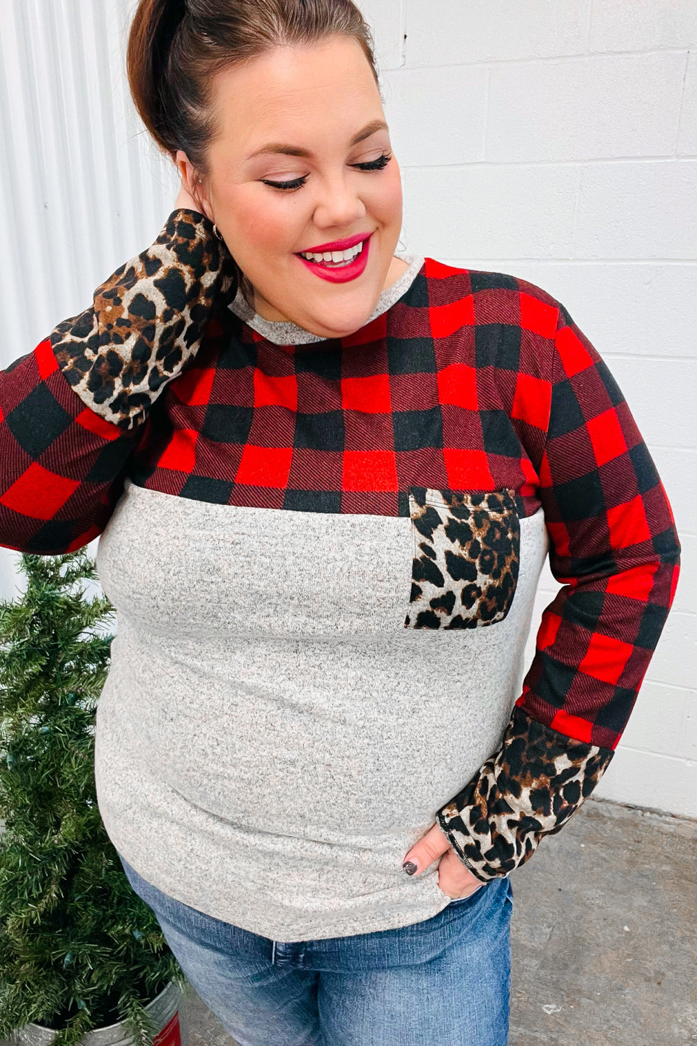 Haptics Grey & Red Plaid Animal Print Pocketed Top