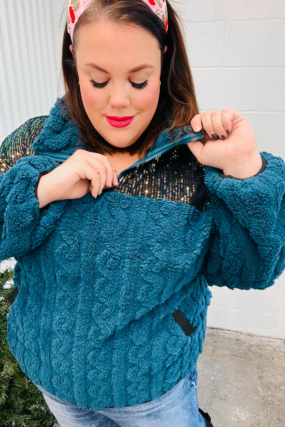 Teal Sequin & Sherpa Half Zip Pullover