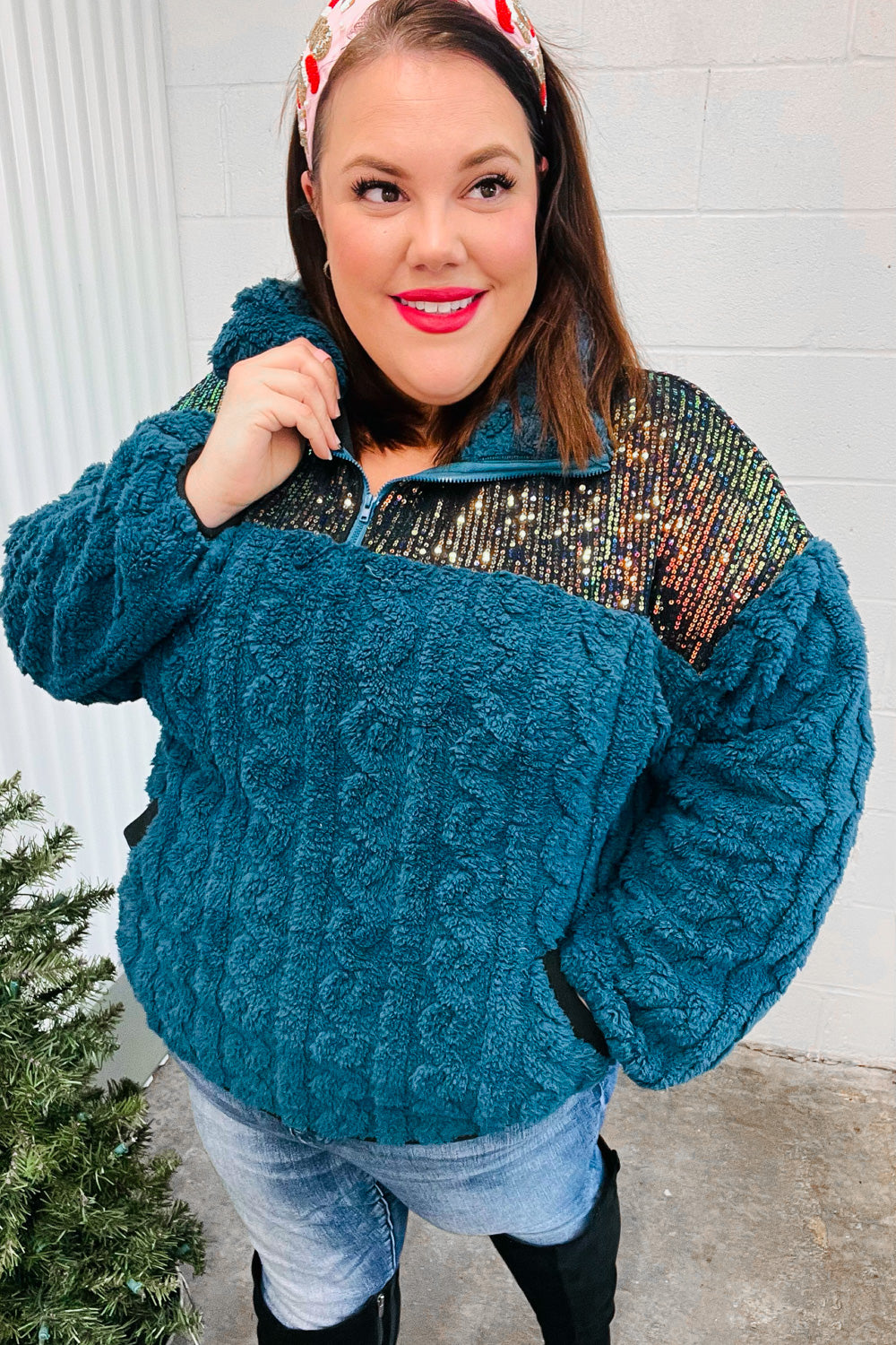 Teal Sequin & Sherpa Half Zip Pullover