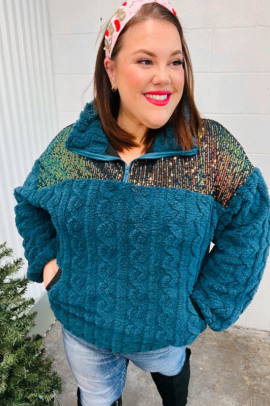 Teal Sequin & Sherpa Half Zip Pullover