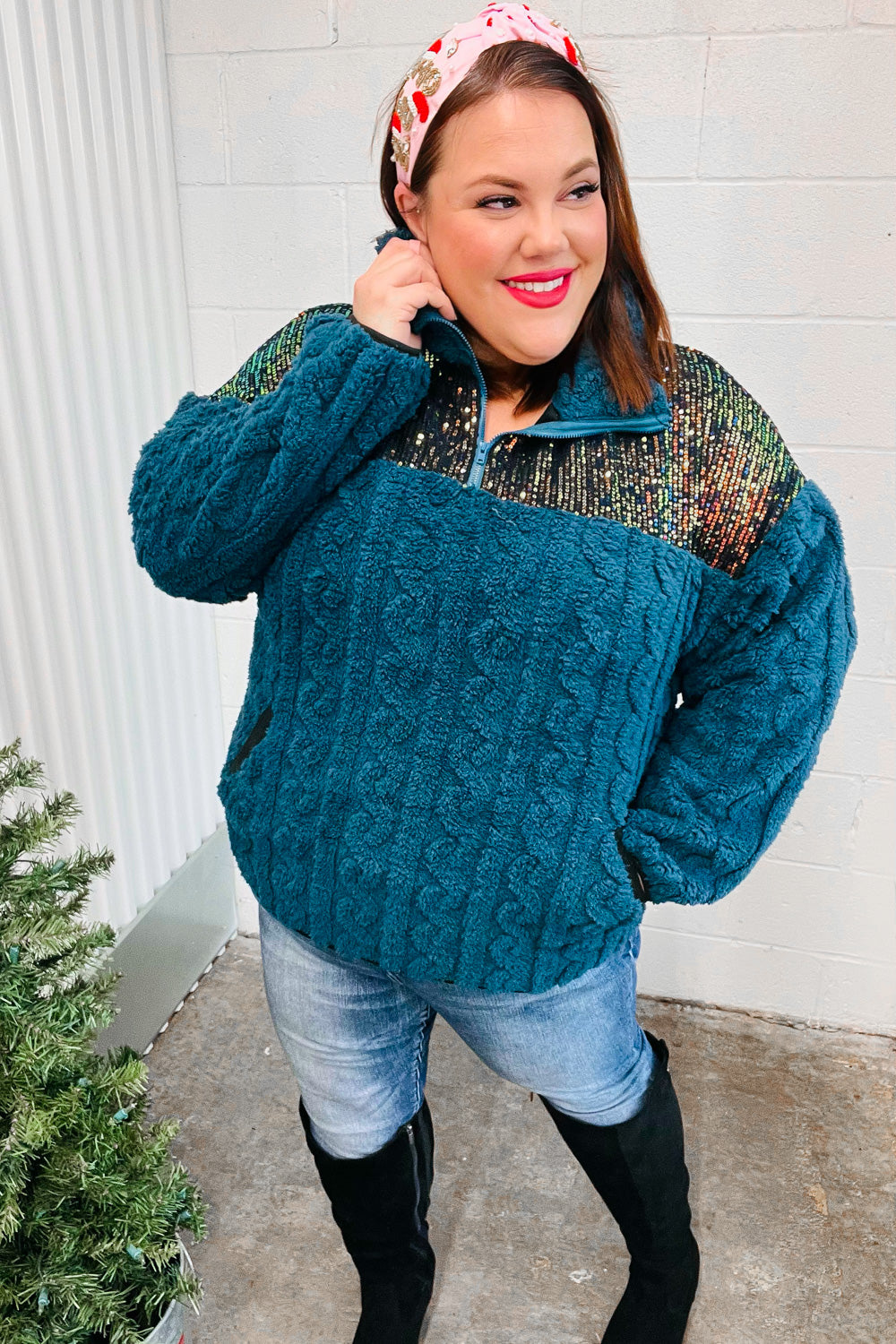 Teal Sequin & Sherpa Half Zip Pullover