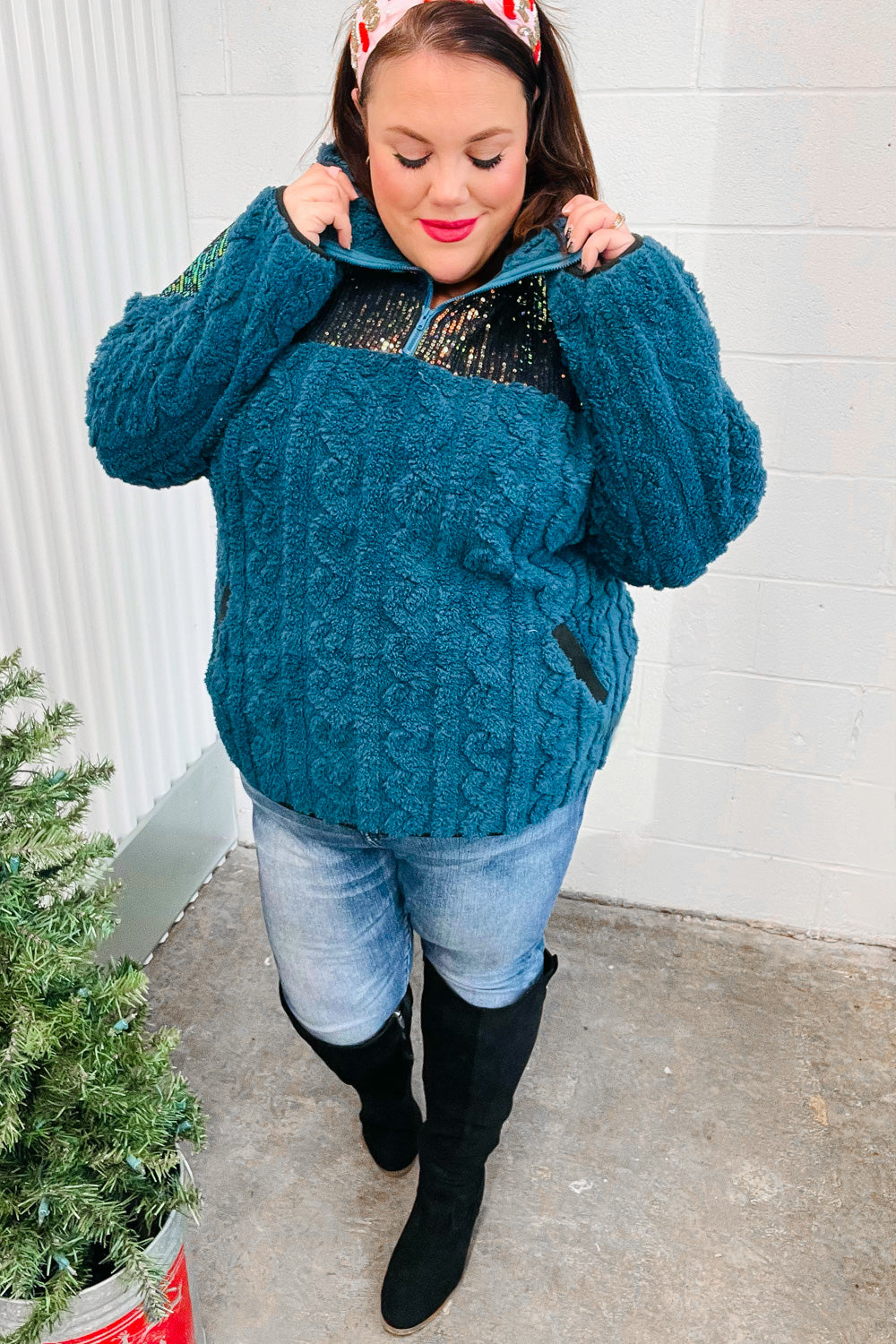 Teal Sequin & Sherpa Half Zip Pullover