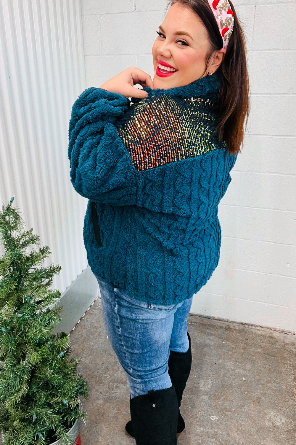 Teal Sequin & Sherpa Half Zip Pullover