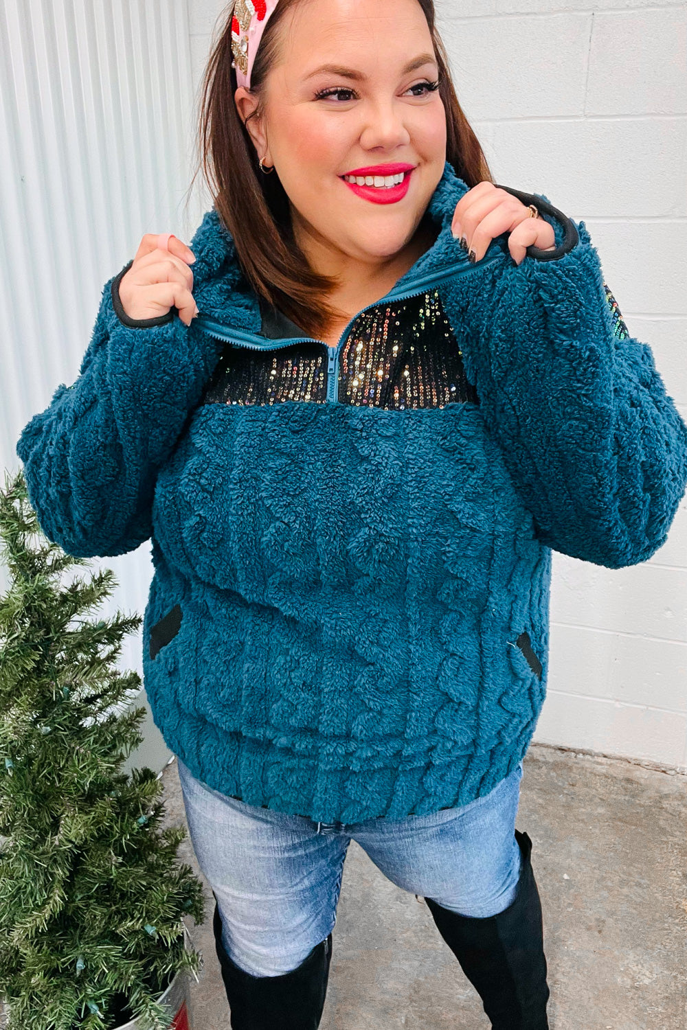 Teal Sequin & Sherpa Half Zip Pullover