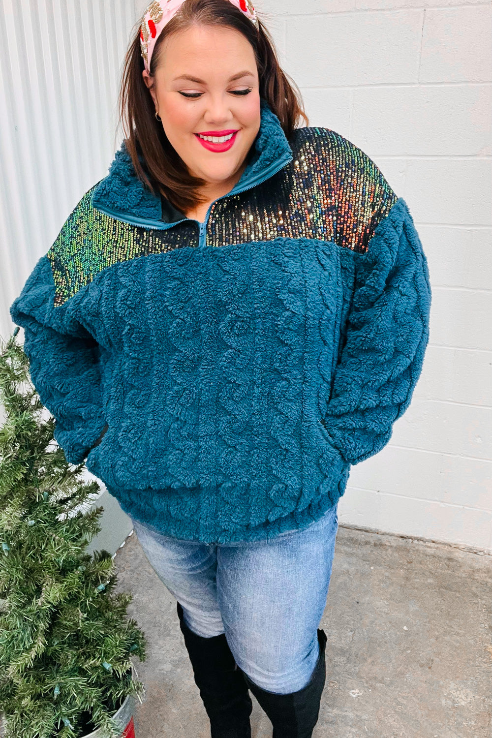 Teal Sequin & Sherpa Half Zip Pullover