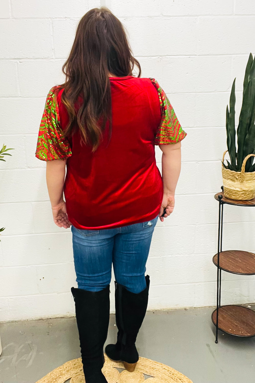 Haptics Red & Green Sequin Puff Sleeve Velvet Top