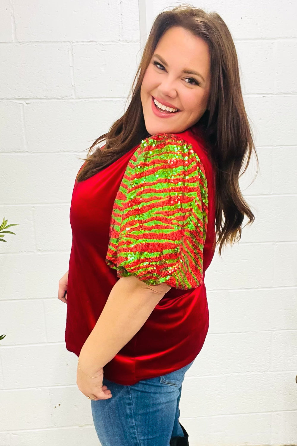 Haptics Red & Green Sequin Puff Sleeve Velvet Top