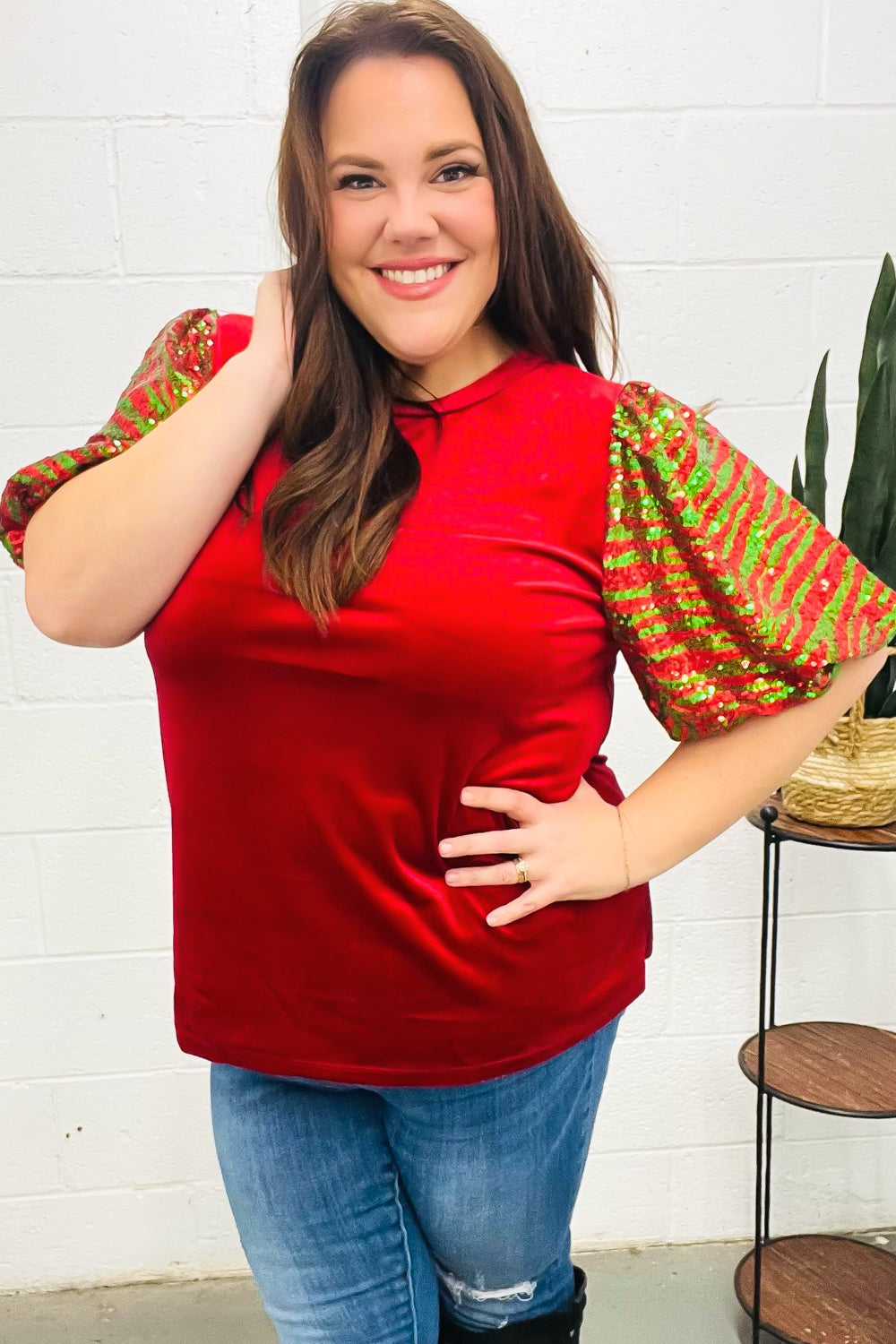 Haptics Red & Green Sequin Puff Sleeve Velvet Top