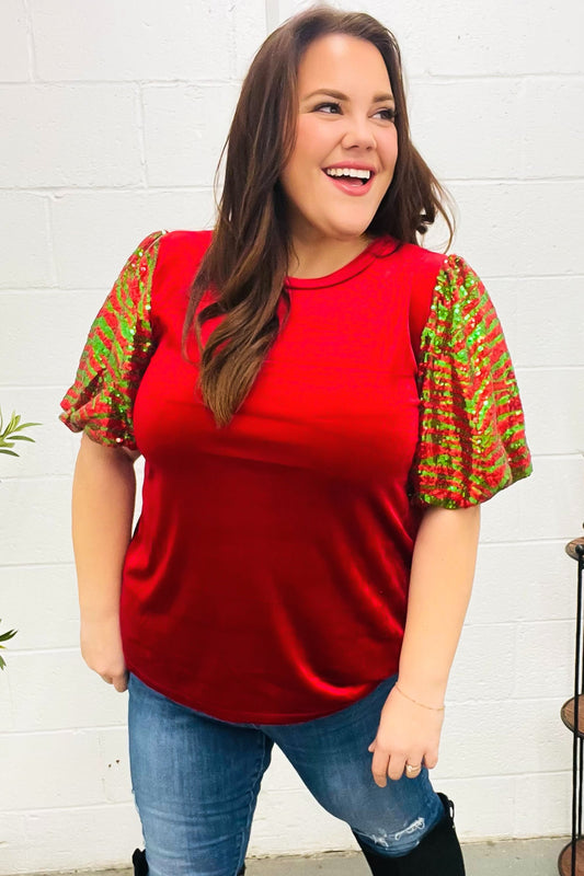 Haptics Red & Green Sequin Puff Sleeve Velvet Top