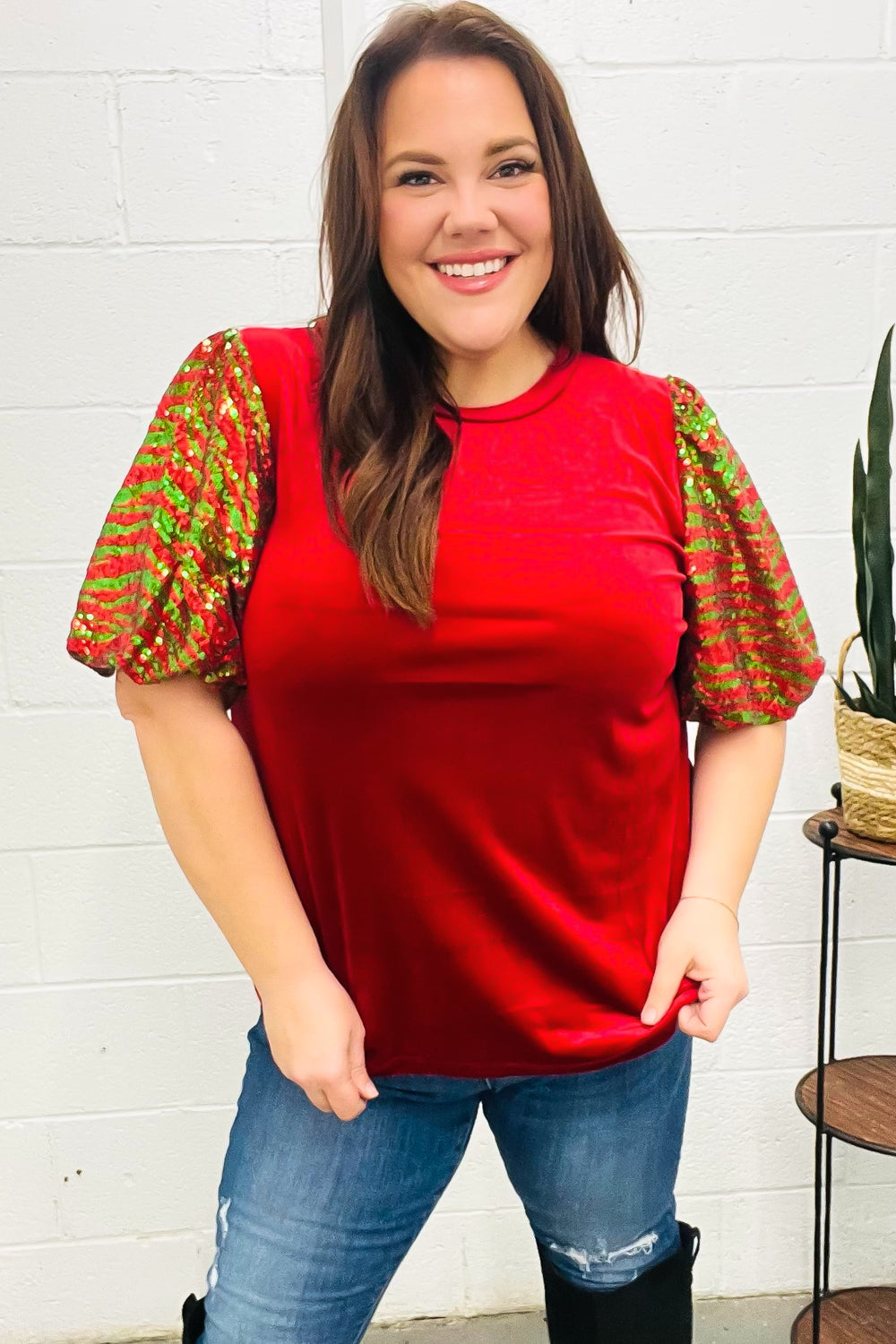 Haptics Red & Green Sequin Puff Sleeve Velvet Top