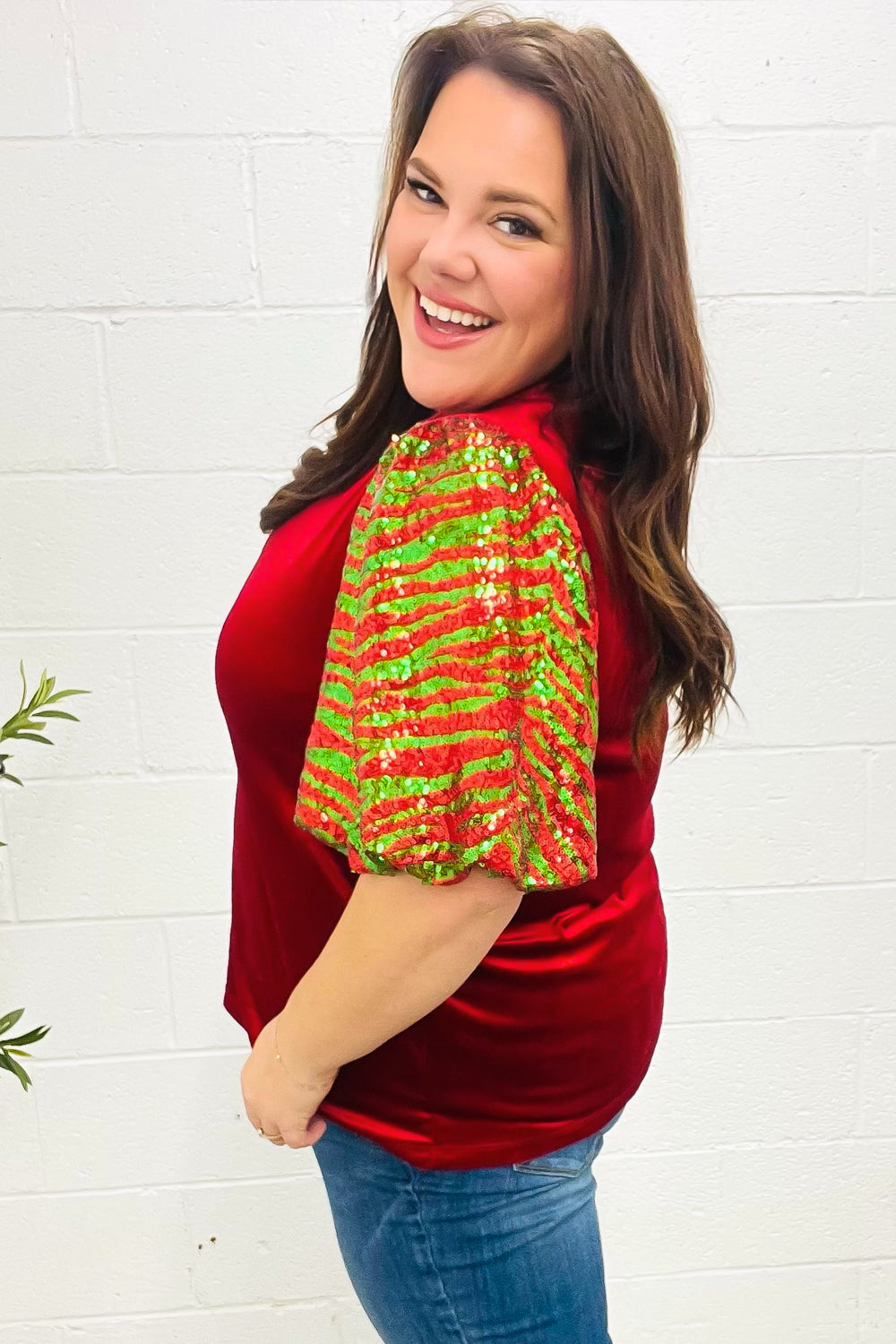 Haptics Red & Green Sequin Puff Sleeve Velvet Top