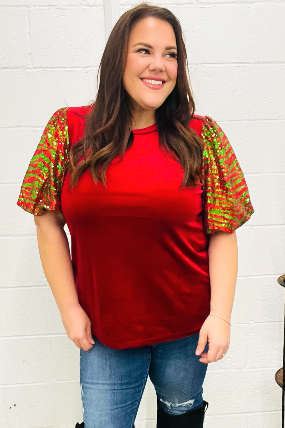 Haptics Red & Green Sequin Puff Sleeve Velvet Top