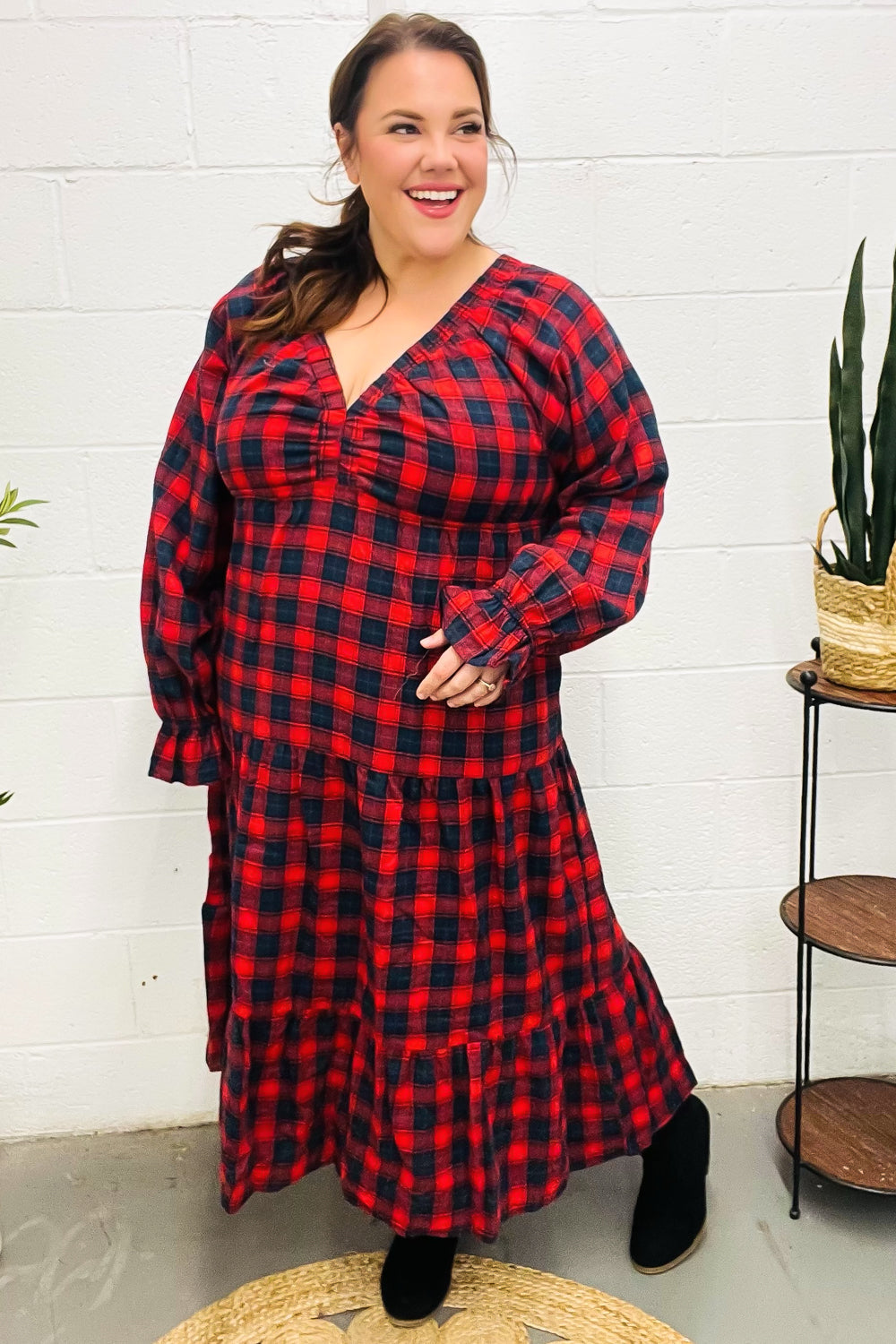 Haptics Red Plaid Elastic V Neck Tiered Maxi Dress