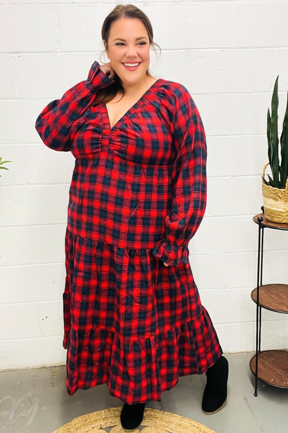 Haptics Red Plaid Elastic V Neck Tiered Maxi Dress