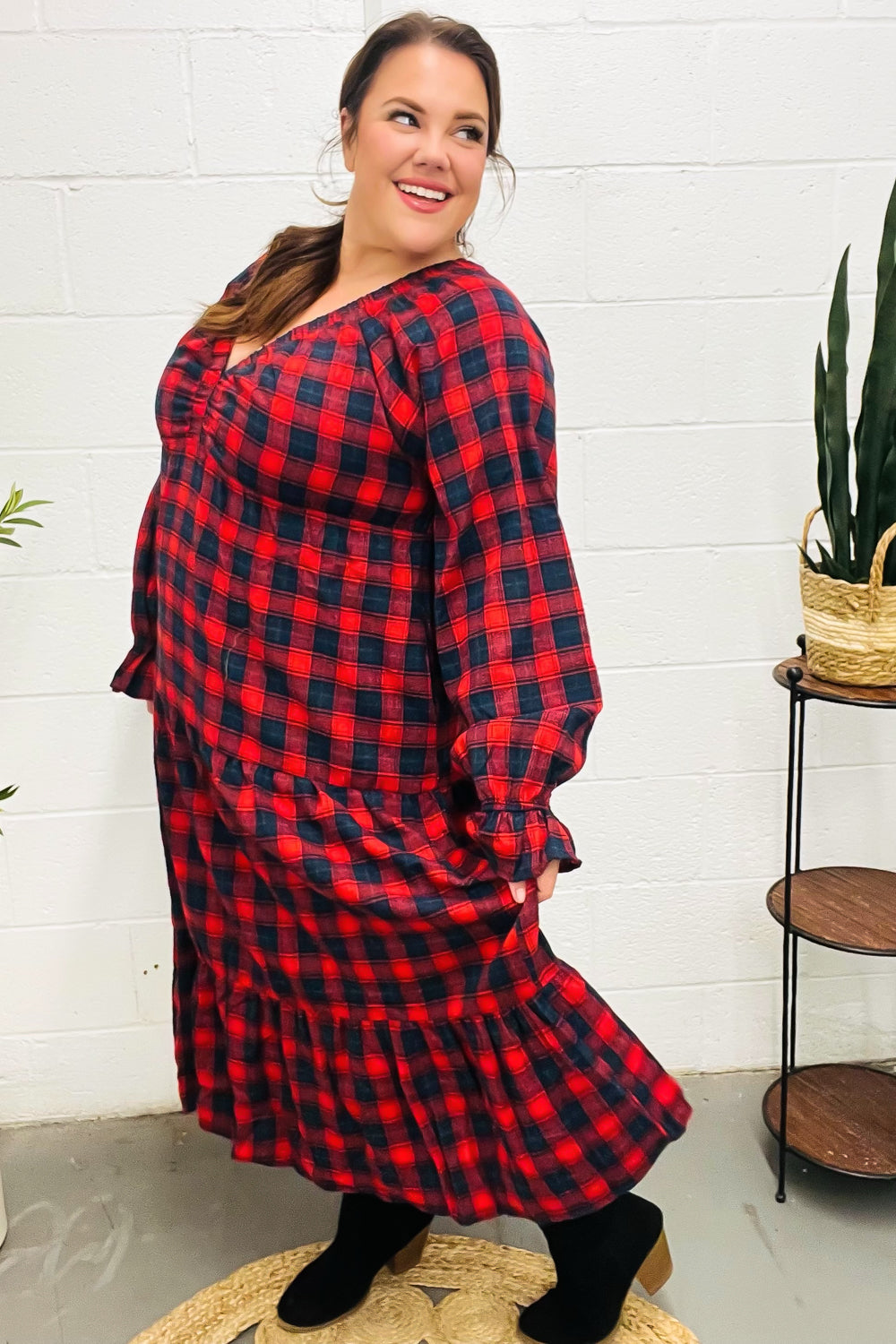 Haptics Red Plaid Elastic V Neck Tiered Maxi Dress