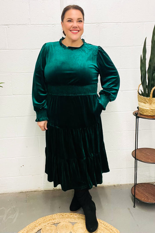 Haptics Hunter Green Velvet Mock Neck Smocked Waist Dress