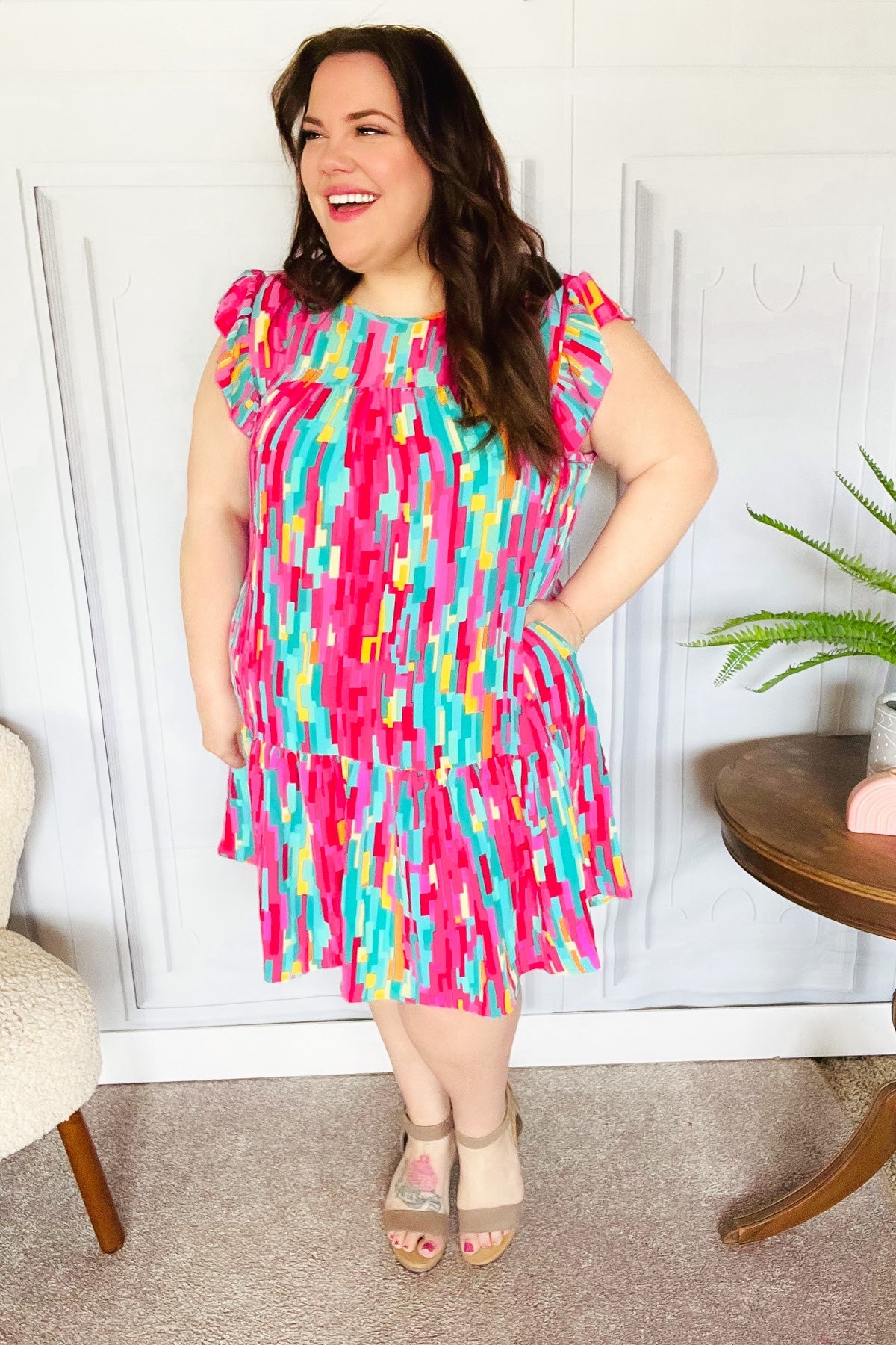 Haptics Multicolor Abstract Print Tiered Ruffle Sleeve Dress