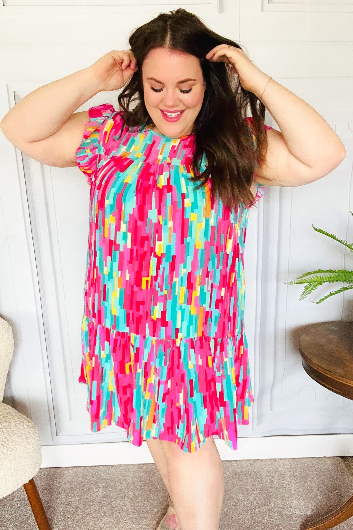 Haptics Multicolor Abstract Print Tiered Ruffle Sleeve Dress