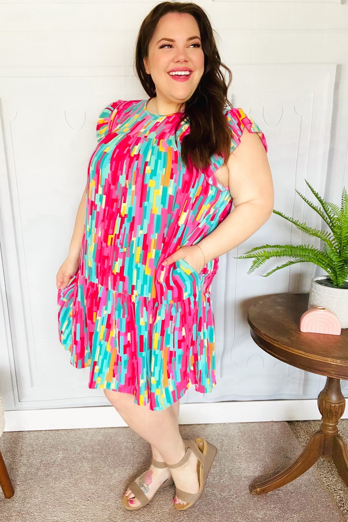 Haptics Multicolor Abstract Print Tiered Ruffle Sleeve Dress