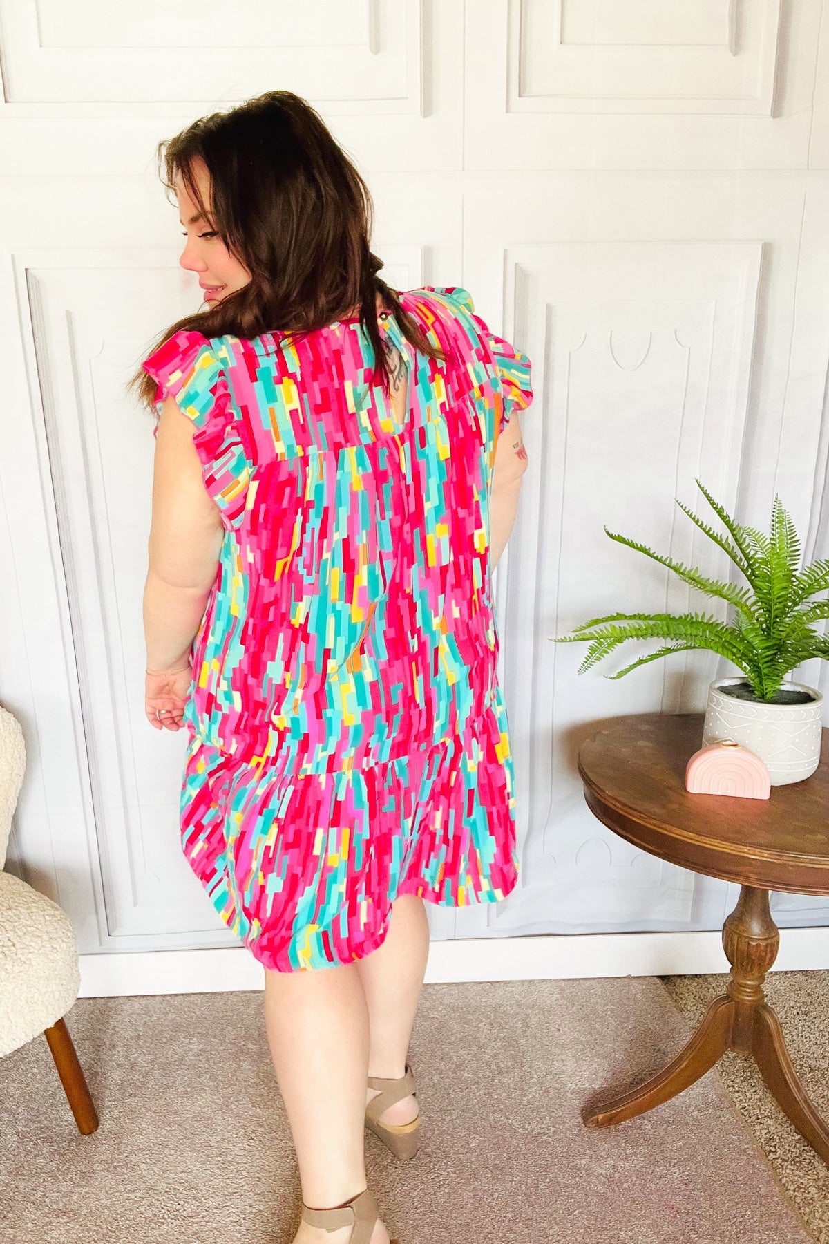 Haptics Multicolor Abstract Print Tiered Ruffle Sleeve Dress