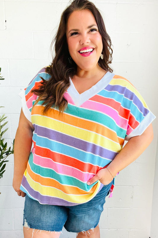 Haptics Rainbow Striped V Neck Drop Shoulder Thermal Knit Top