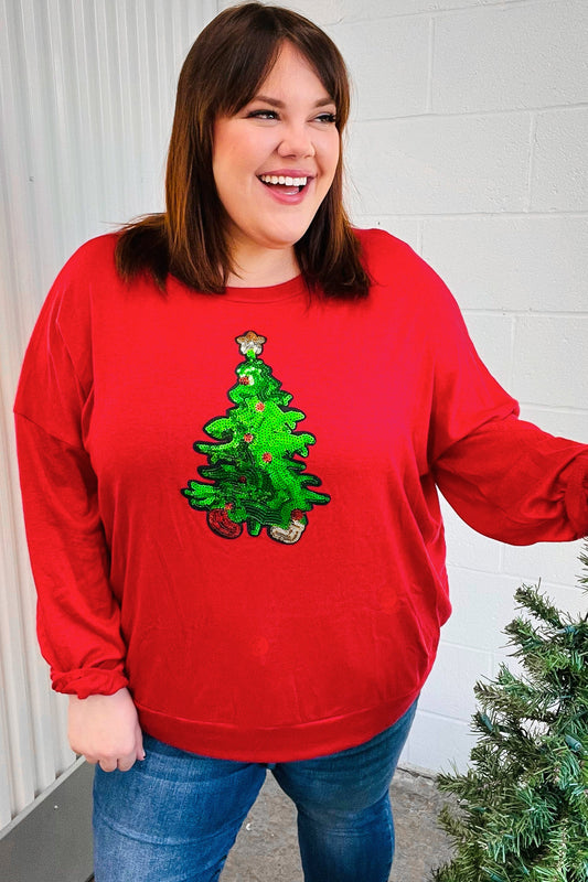 Haptics Red Sequin Christmas Tree Hacci Top