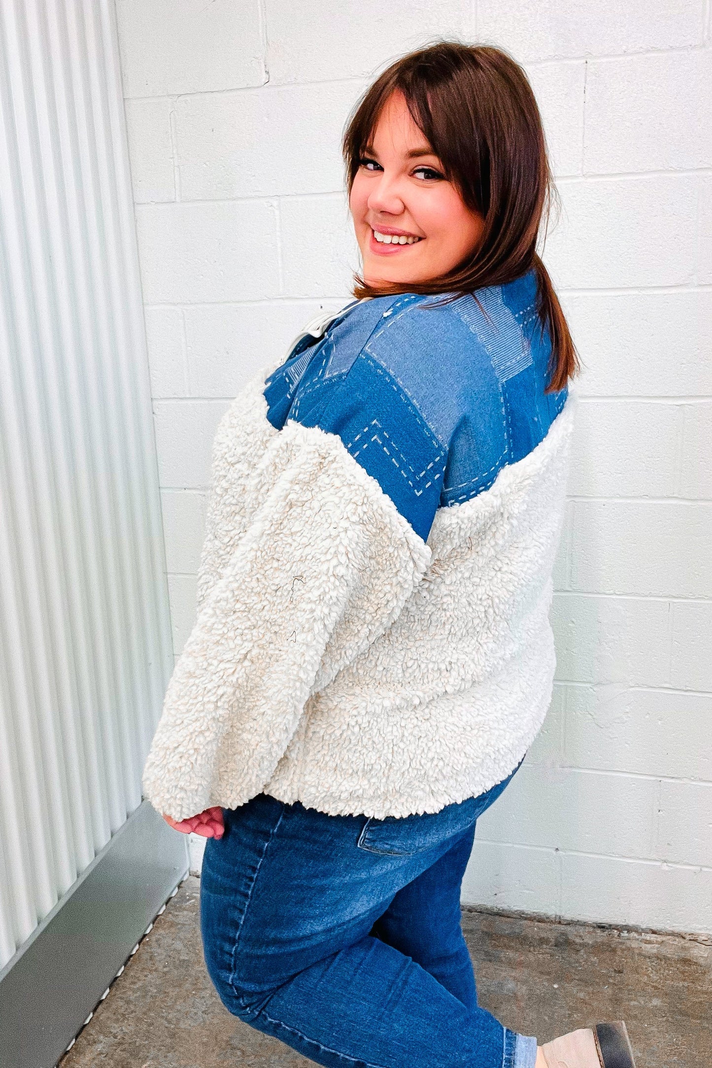 Denim & Ivory Patchwork Sherpa Half Zip Pullover