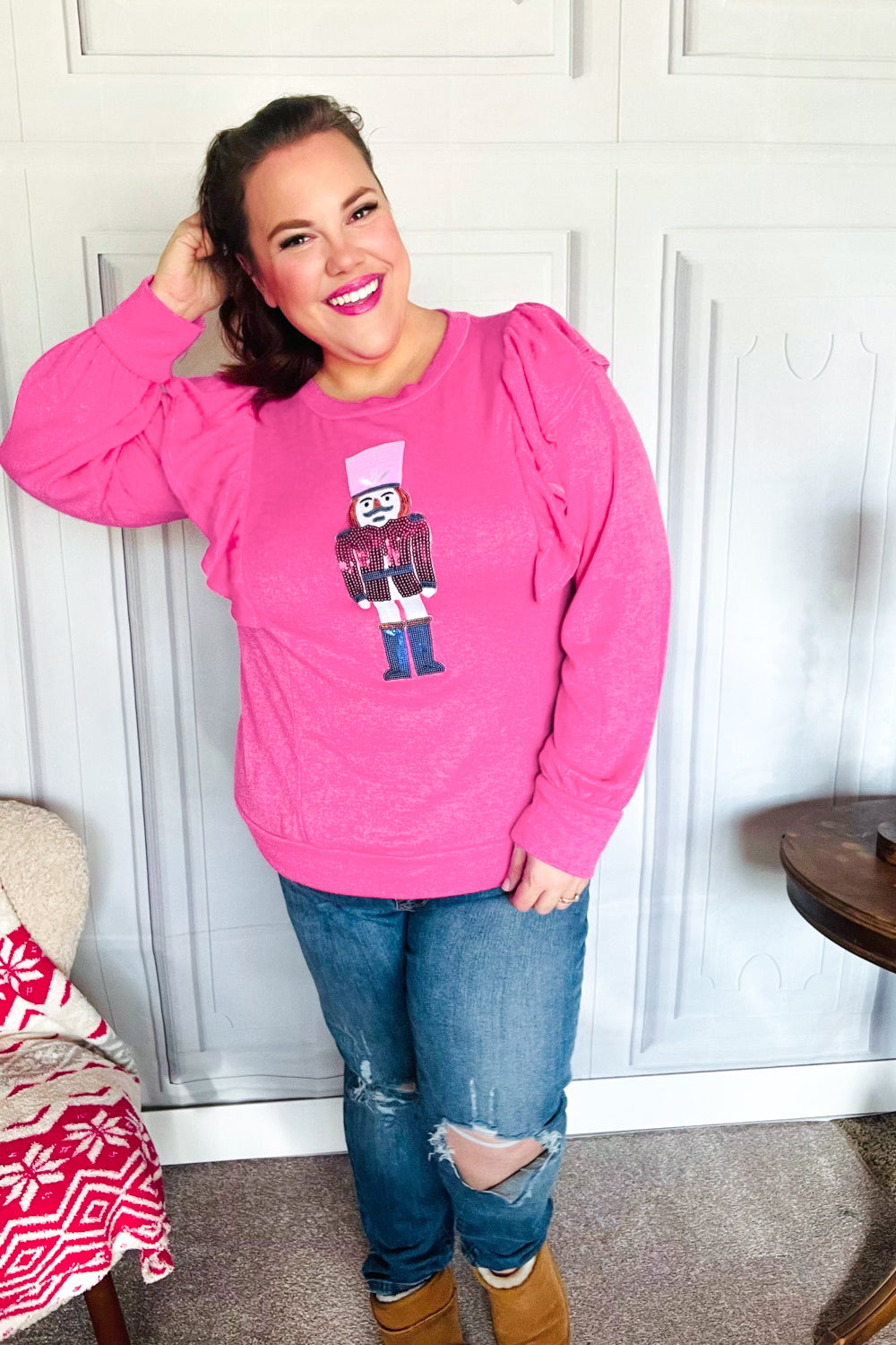 Haptics Hot Pink Sequin Nutcracker Ruffle Hacci Sweater