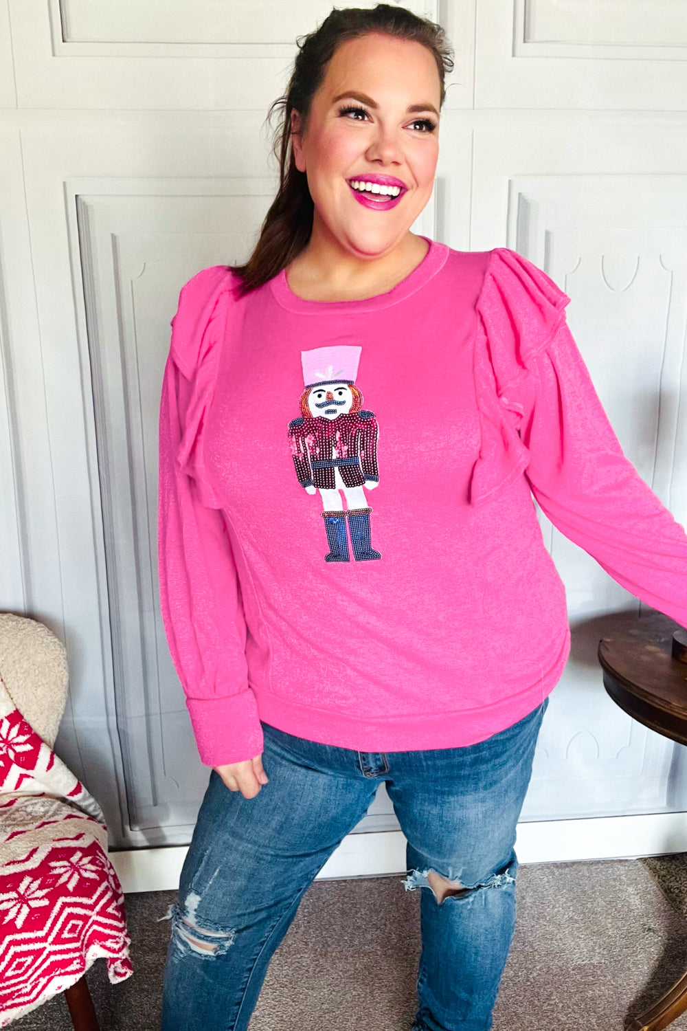 Haptics Hot Pink Sequin Nutcracker Ruffle Hacci Sweater