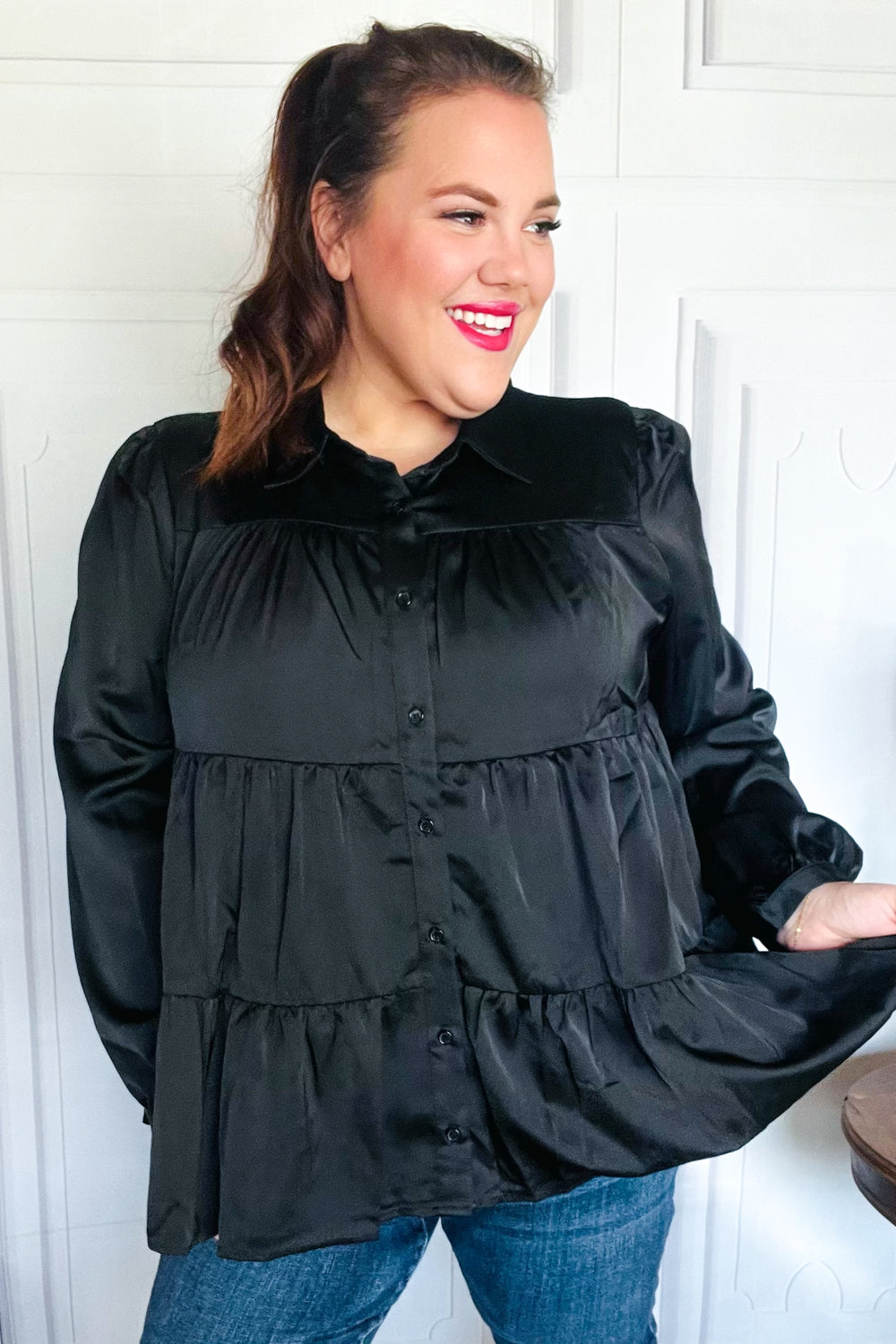 Haptics Black Button Down Tiered Babydoll Satin Top