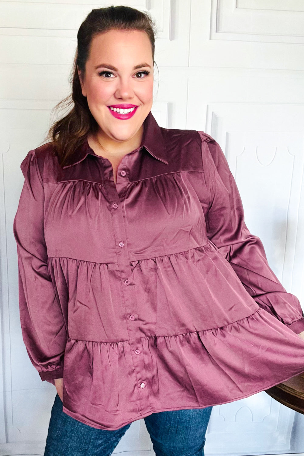 Haptics Burgundy Button Down Tiered Babydoll Satin Top