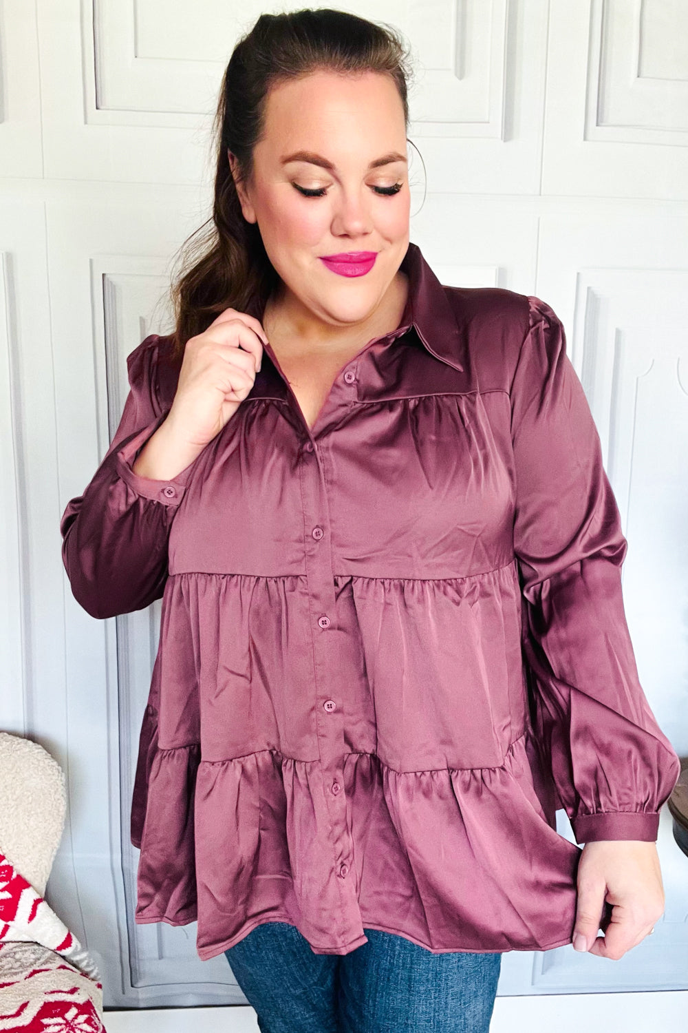 Haptics Burgundy Button Down Tiered Babydoll Satin Top