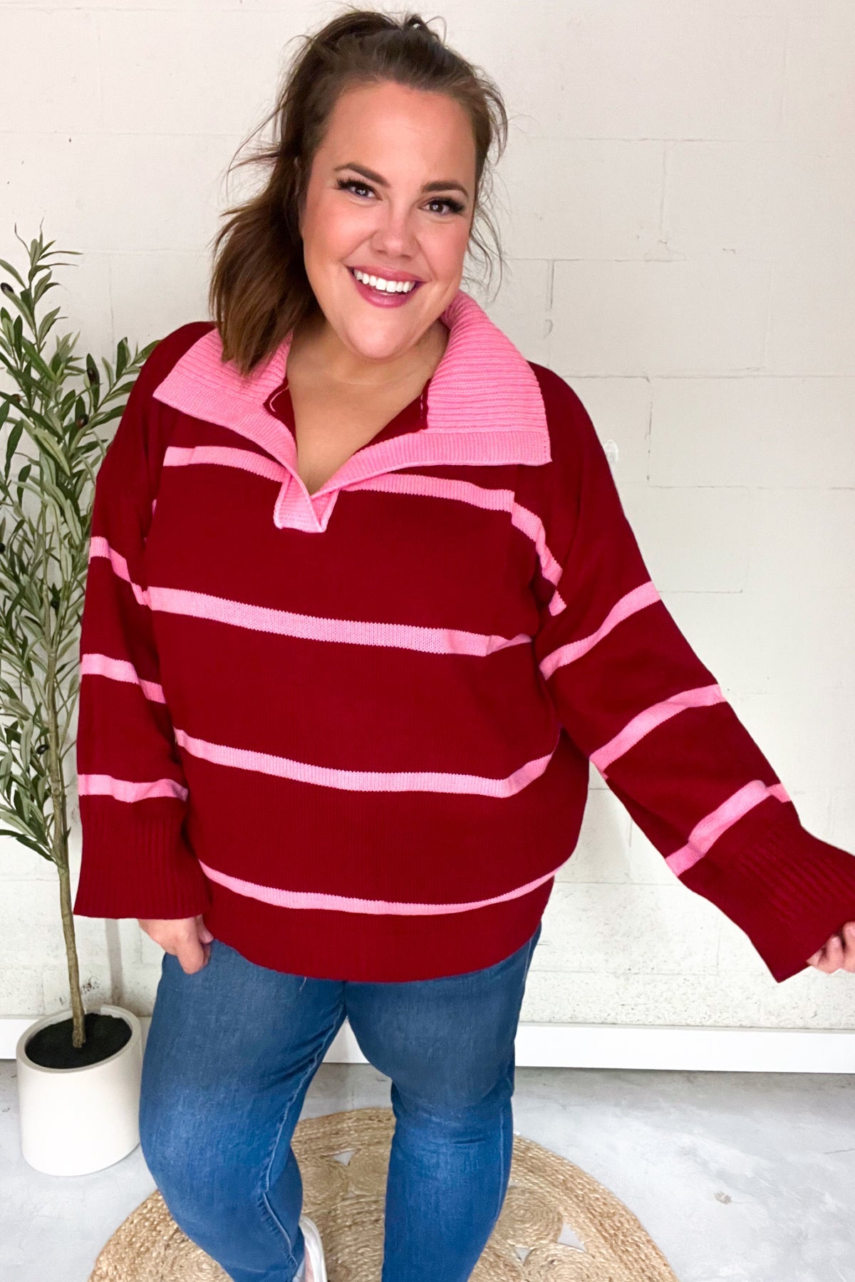 Haptics Crimson Stripe Notched Neck Collared Oversized Sweater