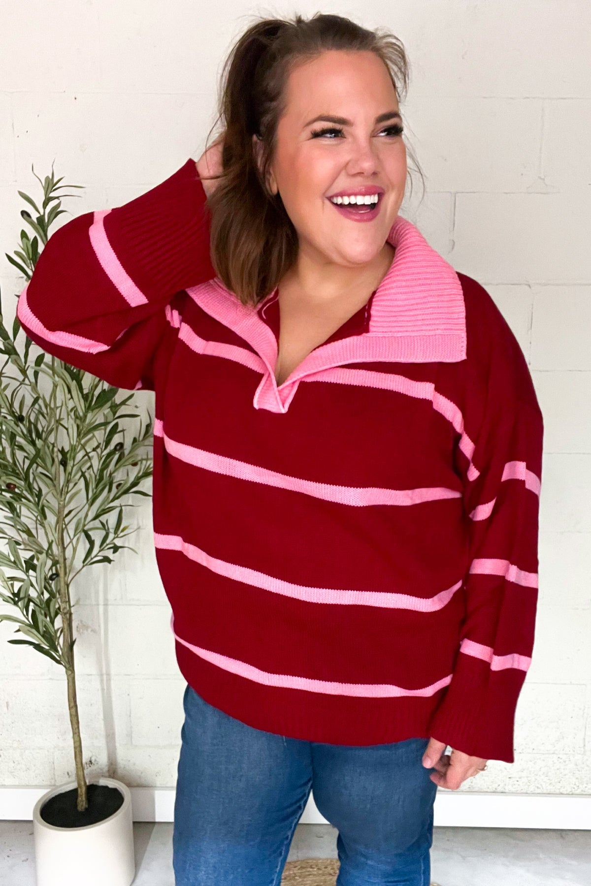 Haptics Crimson Stripe Notched Neck Collared Oversized Sweater