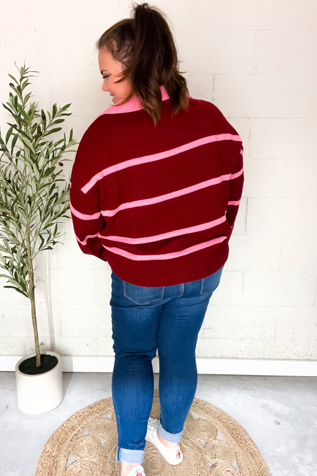 Haptics Crimson Stripe Notched Neck Collared Oversized Sweater