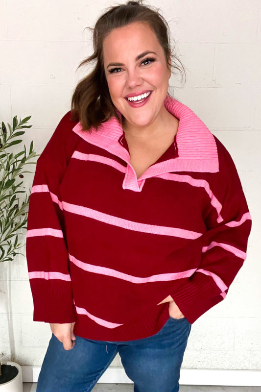 Haptics Crimson Stripe Notched Neck Collared Oversized Sweater