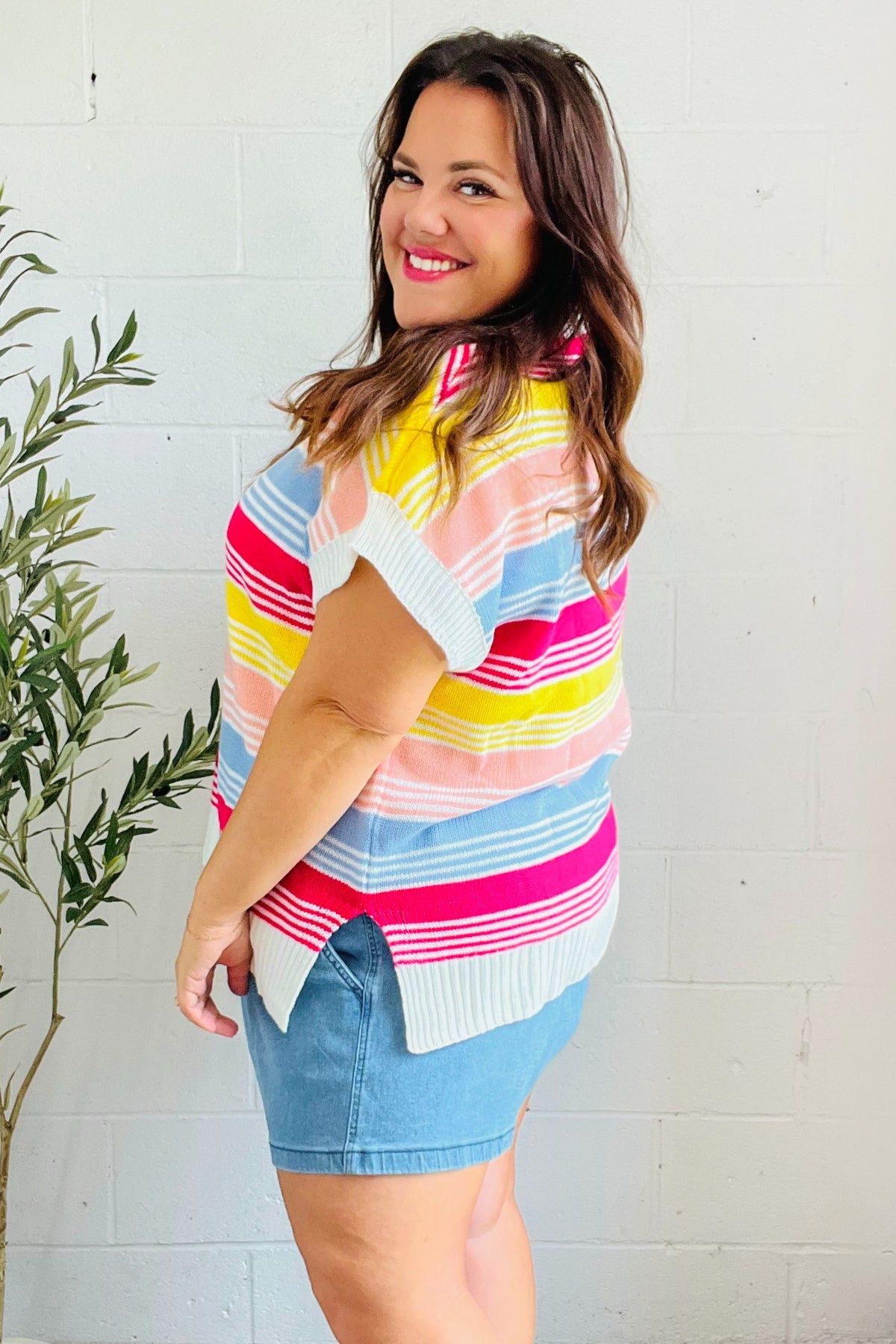 HAPTICS Blue & Fuchsia Striped Short Dolman Sleeve Knit Top